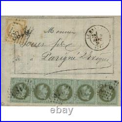Affranchissement septembre 1871 timbres de France N°25 bande de 5 et 36 SUP. R