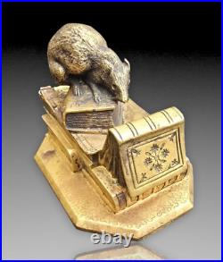 Anquetil Boite A Timbres Bronze Dore Decor De Souris+livres Xixème