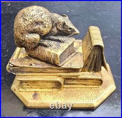 Anquetil Boite A Timbres Bronze Dore Decor De Souris+livres Xixème