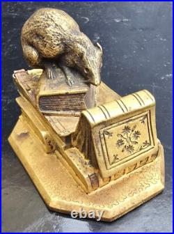 Anquetil Boite A Timbres Bronze Dore Decor De Souris+livres Xixème