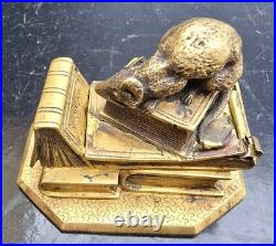 Anquetil Boite A Timbres Bronze Dore Decor De Souris+livres Xixème