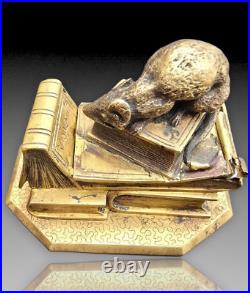 Anquetil Boite A Timbres Bronze Dore Decor De Souris+livres Xixème