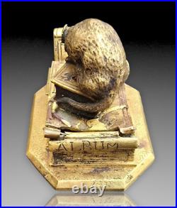 Anquetil Boite A Timbres Bronze Dore Decor De Souris+livres Xixème