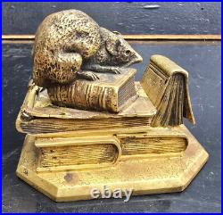 Anquetil Boite A Timbres Bronze Dore Decor De Souris+livres Xixème