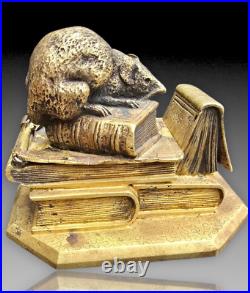 Anquetil Boite A Timbres Bronze Dore Decor De Souris+livres Xixème