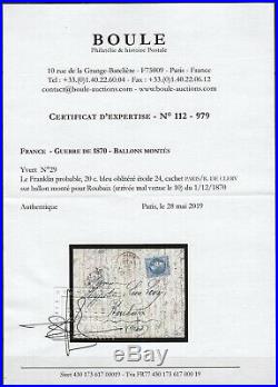 Ballon monté Le Franklin oblitéré 1/DEC. /1870 pour Roubaix Certificat