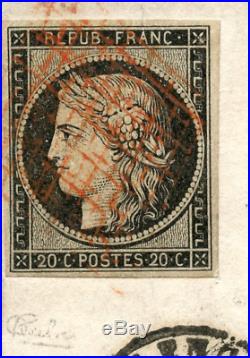 Cérès 20 c noir n°3 oblitéré grille rouge sur lettre du 19 janvier 1849
