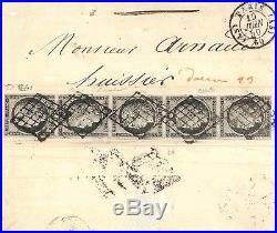 Cérès 20ct noir sur blanc bande verticale de 5 timbres, grille sur pli de Paris