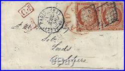 Cérès, timbre de France N°5 paire oblitéré grille sur lettre pour Leeds, 1850. R