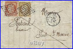 Cérès, timbres de France N°1 et N°5 oblitérés grille sur lettre 2 ports de 1851
