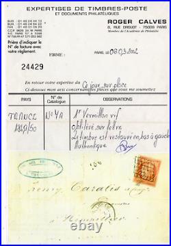 FRANCE 1Fr VERMILLON VIF N°7a OBLITERATION GRILLE + CERTIFICAT ROUMET+ CALVES