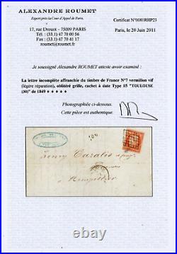 FRANCE 1Fr VERMILLON VIF N°7a OBLITERATION GRILLE + CERTIFICAT ROUMET+ CALVES