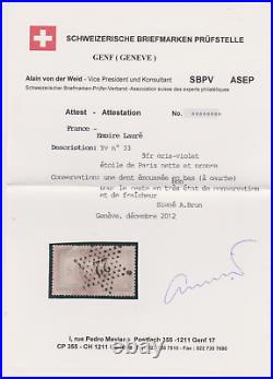 FRANCE NAPOLEON YT 33 5F VIOLET GRIS OB ETOILE 22 signé BRUN certificat 1150