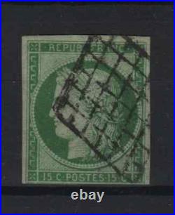 FRANCE STAMP TIMBRE N° 2 TYPE CERES 15c VERT 1850 OBLITERE TB SIGNE P919