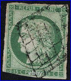FRANCE TIMBRE YVERT n°2 CERES 15c Vert 1850, 3 marges 3 filets
