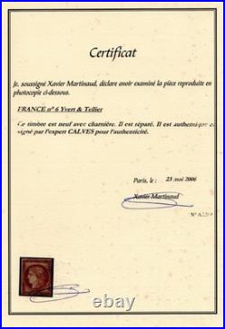 FRANCE n°6 N aspect TB et signé avec certificat cote 14 000 euros! RARE