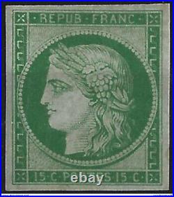 France 1849 1850 Céres n°2f 15 c vert vif clair, Réimpression 1862 signé Calv