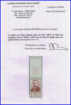 France VARIETE RARE 846A E. Baudot erreur de date, superbe BDF avec certificat
