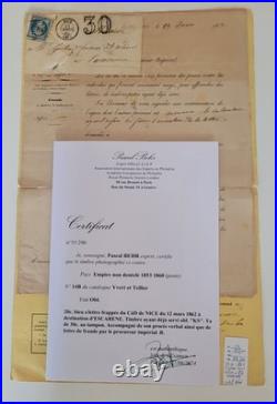 France Yvert 14 Timbre ayant servi + Proces verbal Nice 1862 Certificat