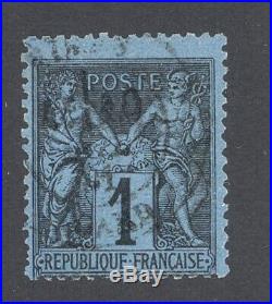 France Yvert 84, Sage, 1c. Noir s. Bleu de Prusse. Signé Roumet/Brun. RRR