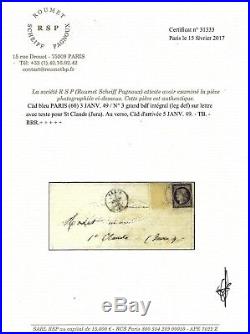 France cérès 20 c noir n°3 BDF oblitéré cad bleu du 3 janv 1849 sur lettre