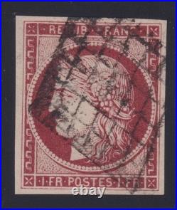 Lot 1067 n°6B Cérès 1fr carmin brun obl. Grille SUP Signé Scheller