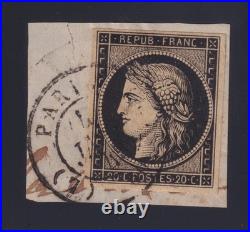 Lot 1770 n°3 Cérès 20c noir obl. Càd T. 15 4 JANVIER 49 s/ fragment TB Signé
