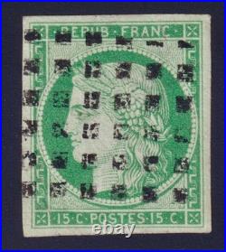 Lot 1777 n°2 Cérès 15c vert oblitéré GROS POINTS rare B/TB Signé Scheller