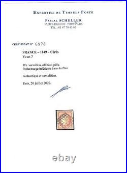 Lot 25 n°7 1 franc Vermillon oblitéré grille TB- Signé & certificat Scheller