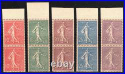 N°129-133 Semeuse lignée, Série compl. Dentelure figurée, Paires R Cert. Brun