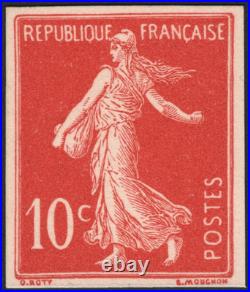 N°135 Semeuse 10c. Rouge Dentelure non-figurée s. Bristol TB Signé Roumet R+