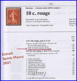 N°135 Semeuse 10c. Rouge Dentelure non-figurée s. Bristol TB Signé Roumet R+