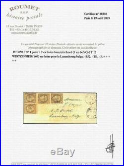 N°1 Cérès 10 c bistre 2 paires une ob cachet 1852 lettre pour Luxembourg Belge