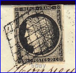 N°3, Cérès 20c noir càd SAULXURES + cursive 82/CORNIMON sur lettre Certificat