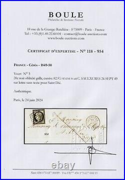 N°3, Cérès 20c noir càd SAULXURES + cursive 82/CORNIMON sur lettre Certificat