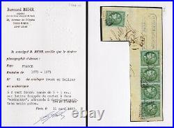 N°42B bande de 4+1, Bordeaux 5c vert sur lettre Septembre 1871, Certificat BEHR