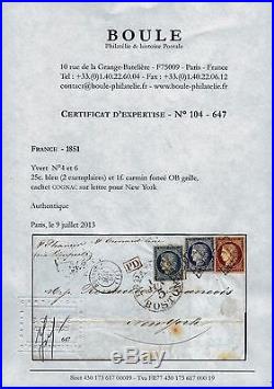 N°6 1 franc carmin et n°4 25 c 2u oblitéré grille sur lettre pour New York
