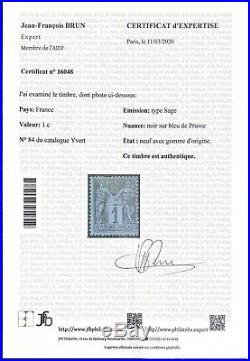 N°84 Sage 1c Bleu de Prusse Neuf RARE 1880 bon état Signé x2 + Certificat