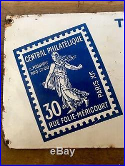 Plaque emaillee pub 1930 Timbre Philatélie Folie Mericourt Paris XI bombée
