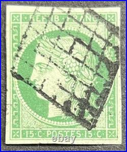 Timbre classique 2 Cérès 15c vert obl grille, cote 1100 signé Scheller