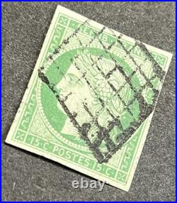 Timbre classique 2 Cérès 15c vert obl grille, cote 1100 signé Scheller