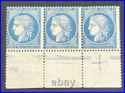 Timbre classique 37  20c bleu Siège de Paris Cérès bande de 3 croix de repère