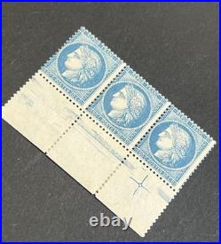 Timbre classique 37  20c bleu Siège de Paris Cérès bande de 3 croix de repère