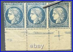 Timbre classique 37  20c bleu Siège de Paris Cérès bande de 3 croix de repère