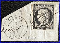Timbre classique N°3 20c noir, cad 14 Paris 6 Janvier 1849, sur fragment, TB