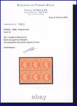 Yvert 31, Napoléon Lauré, 40 c. Orange, bloc de 6 neuf, certificat Scheller